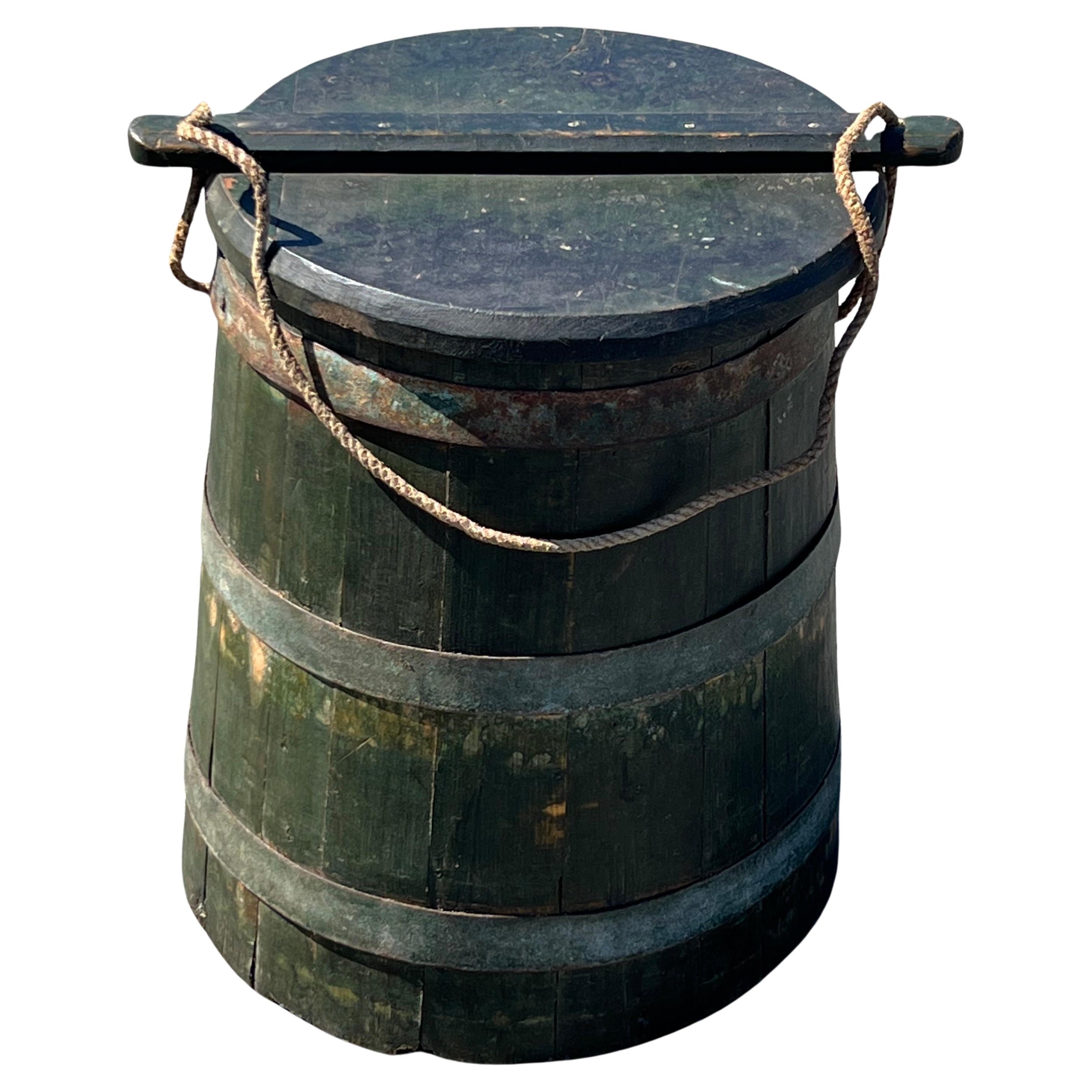Large 19th Century Wooden Bucket in Green Paint For Sale