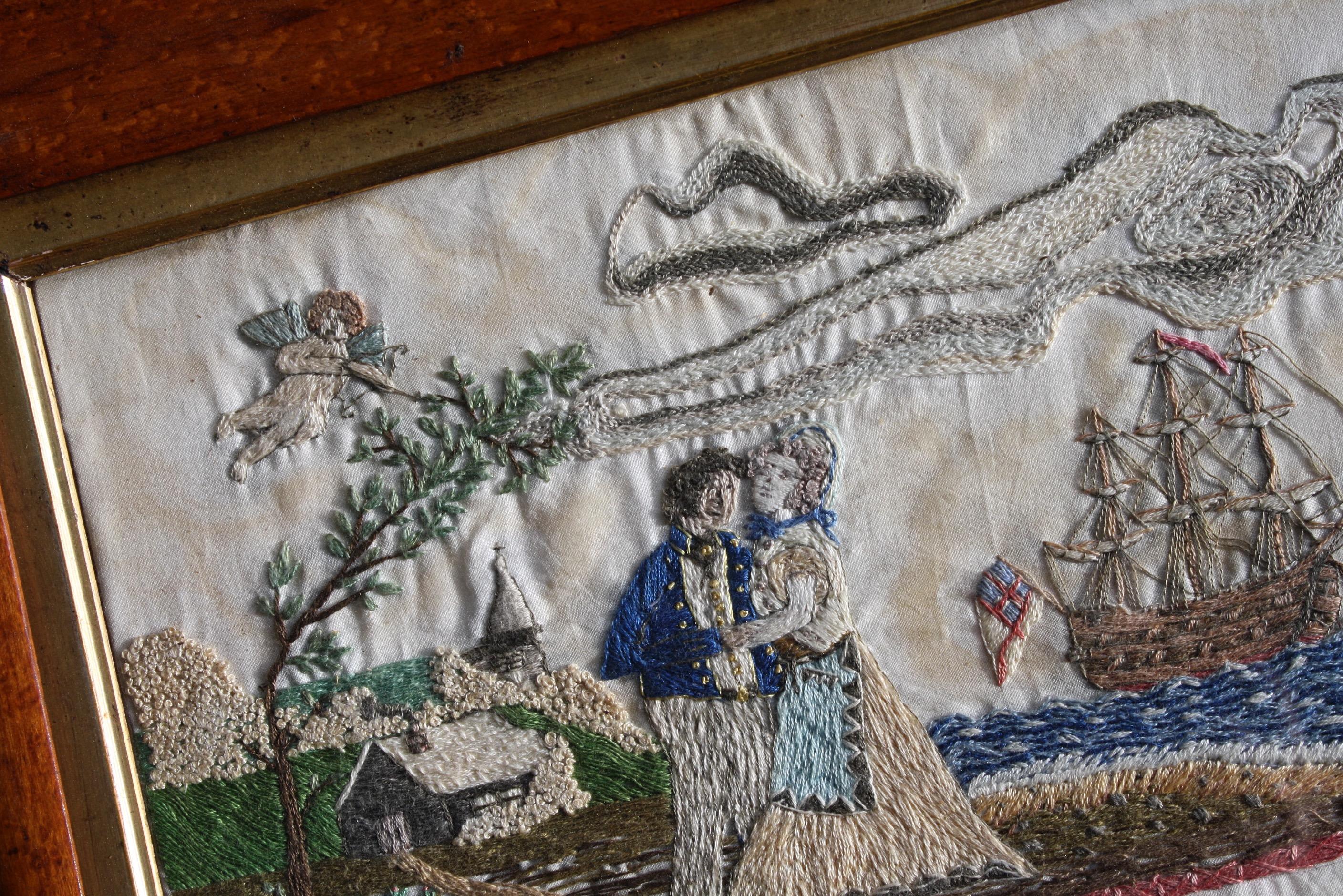 19th Century Sailors Folk Art Needlework Valentine Keepsake Maple Frame 4