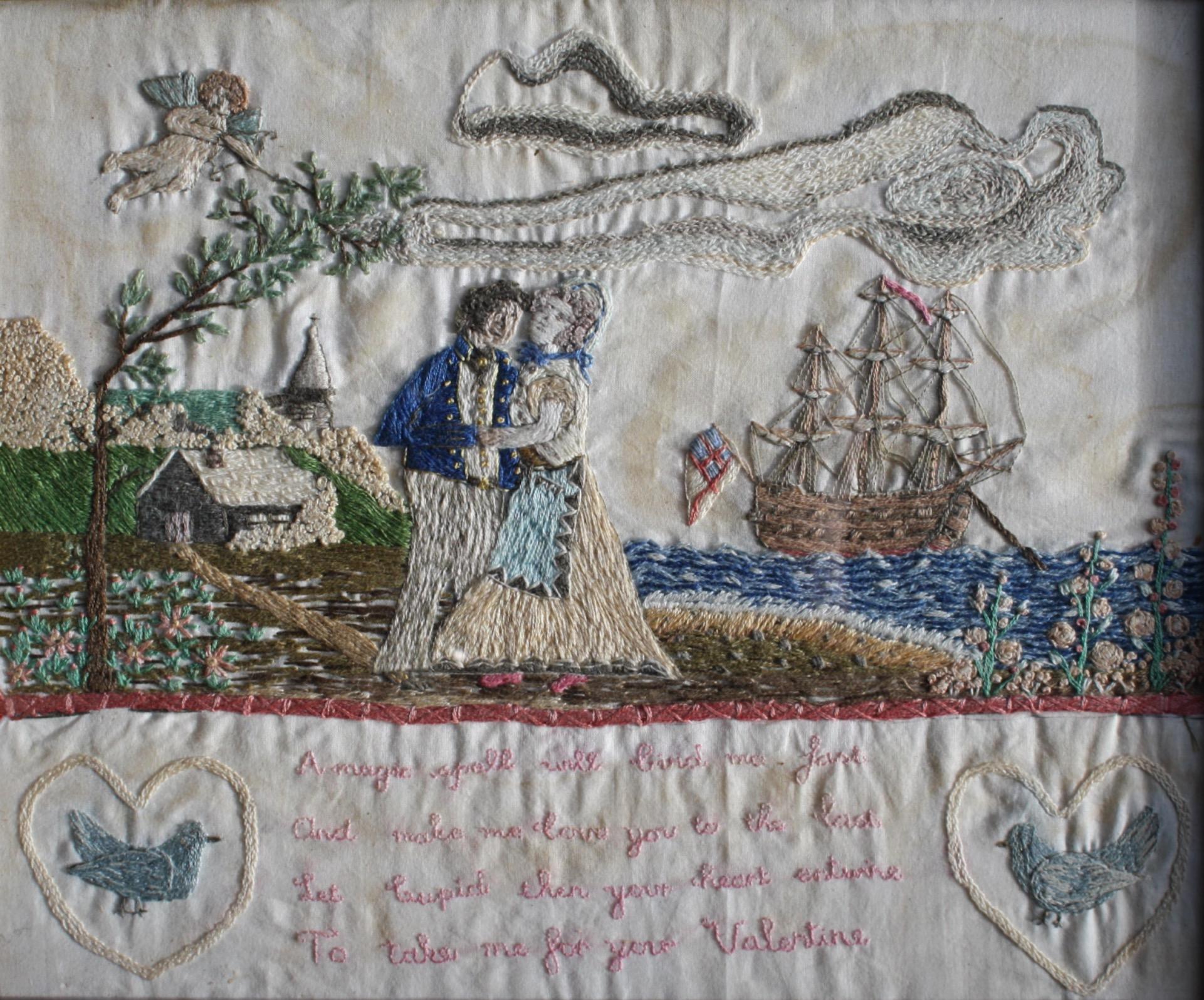 19th Century Sailors Folk Art Needlework Valentine Keepsake Maple Frame 5