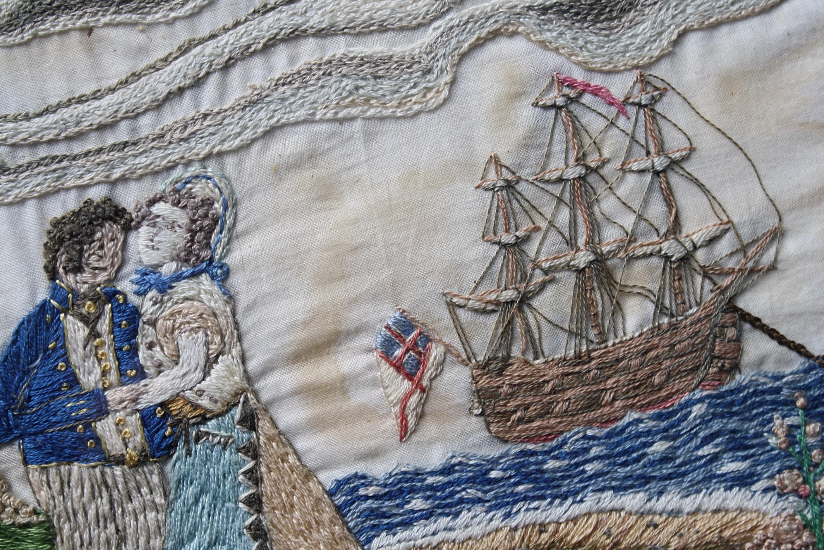 Georgian 19th Century Sailors Folk Art Needlework Valentine Keepsake Maple Frame