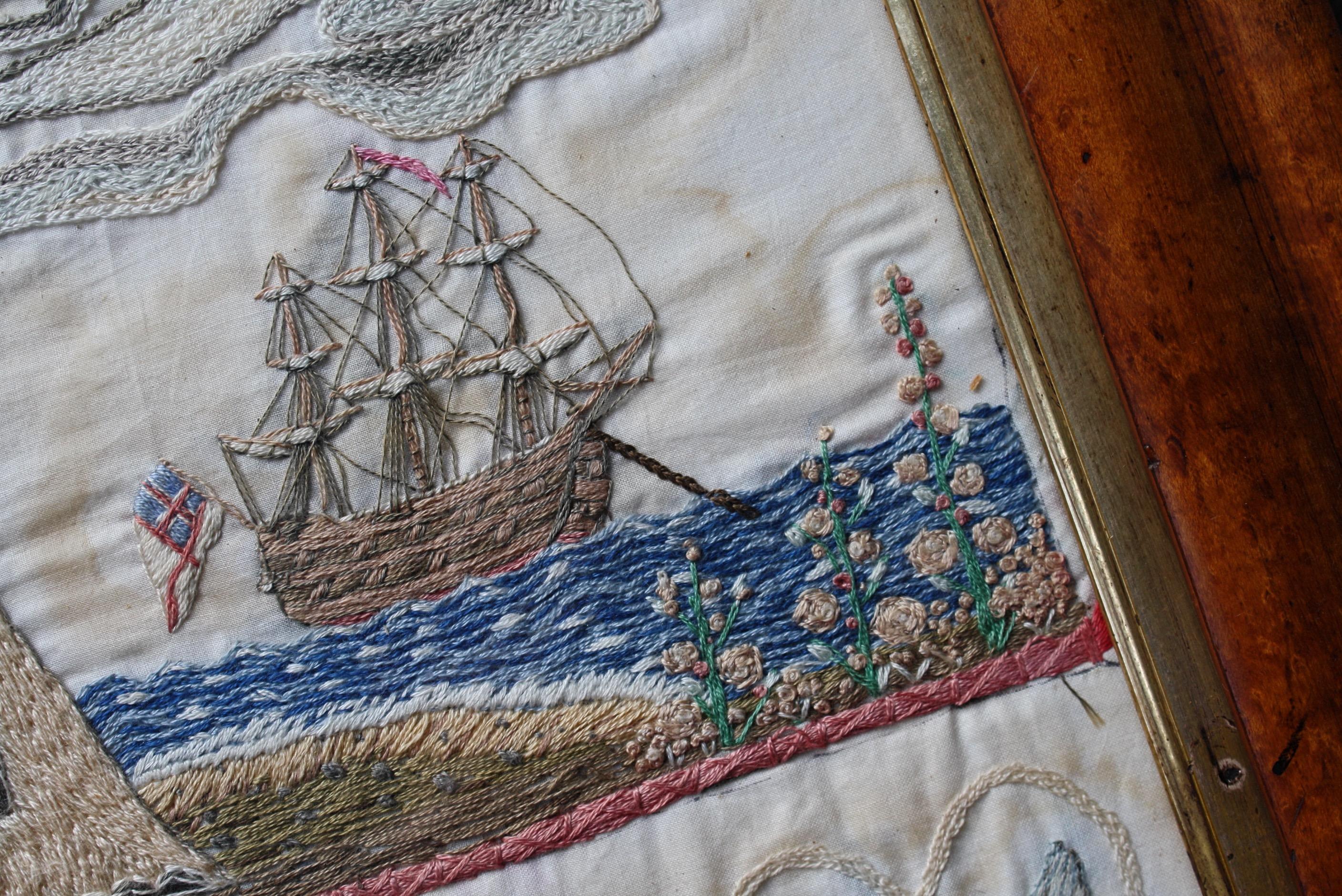 English 19th Century Sailors Folk Art Needlework Valentine Keepsake Maple Frame