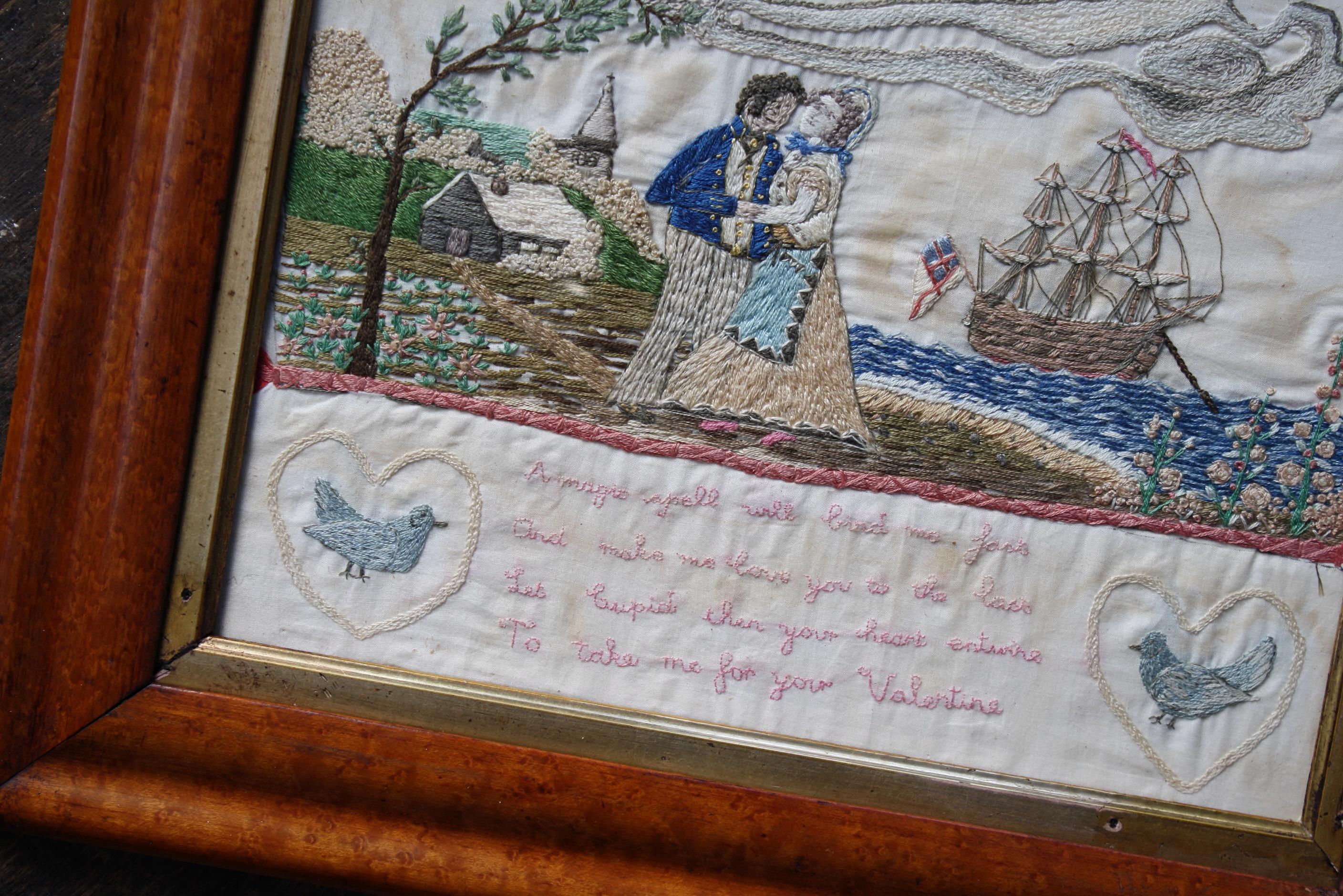 19th Century Sailors Folk Art Needlework Valentine Keepsake Maple Frame In Good Condition In Lowestoft, GB
