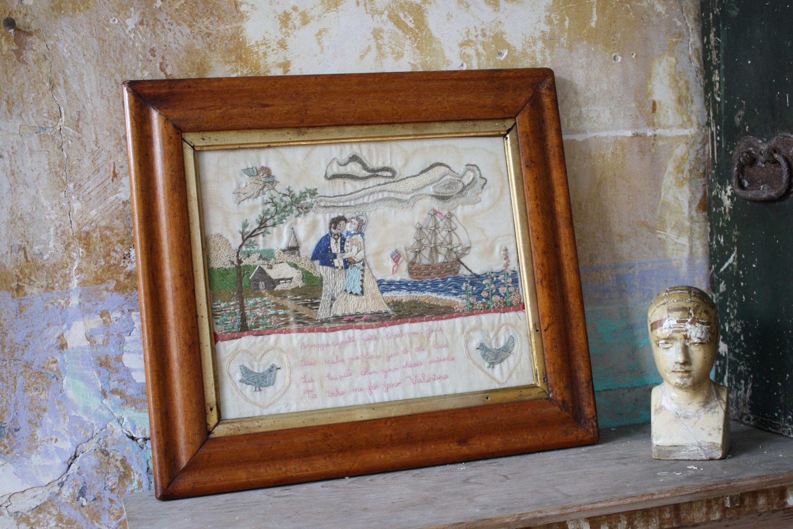 19th Century Sailors Folk Art Needlework Valentine Keepsake Maple Frame 1