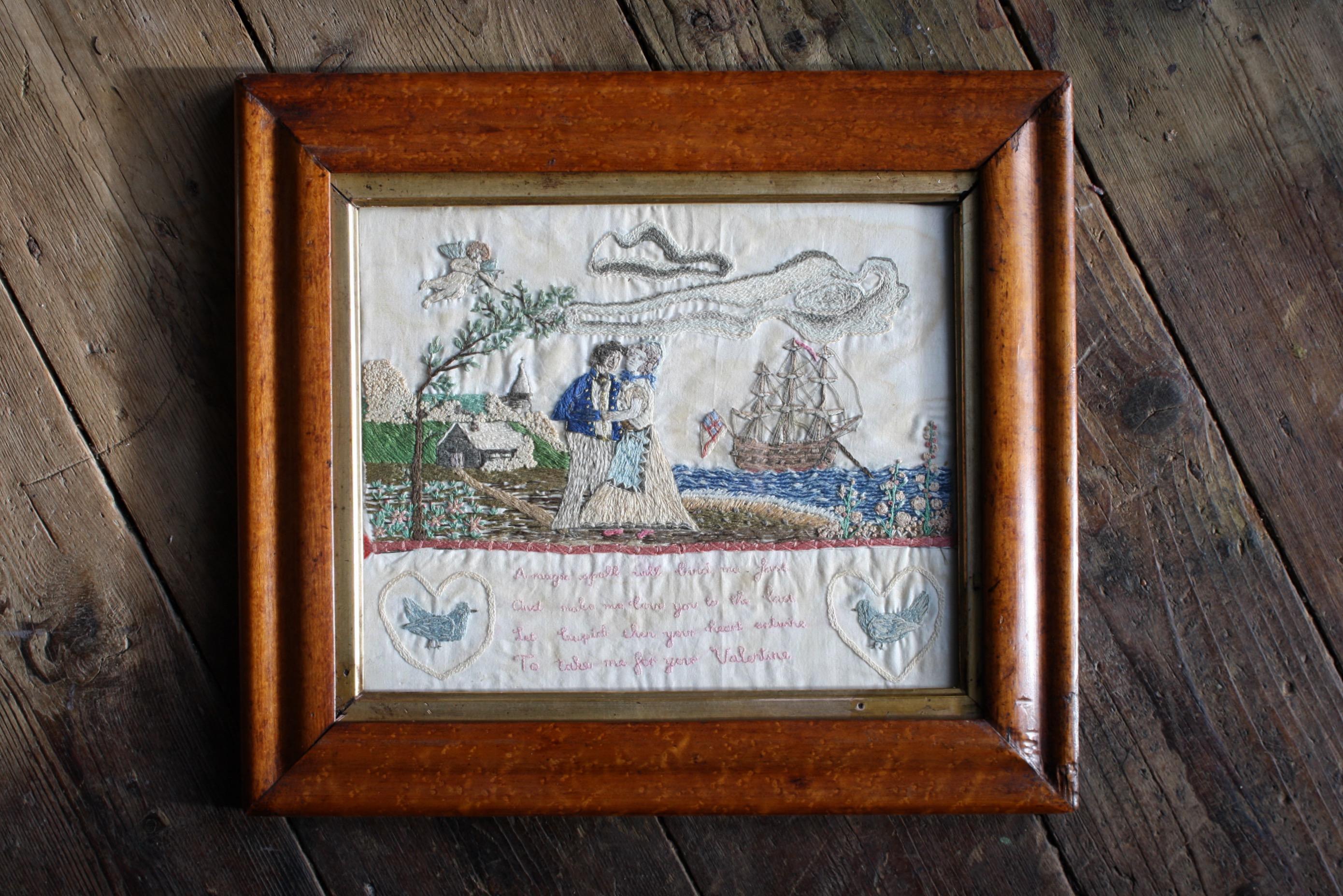 19th Century Sailors Folk Art Needlework Valentine Keepsake Maple Frame 3