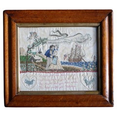 19th Century Sailors Folk Art Needlework Valentine Keepsake Maple Frame