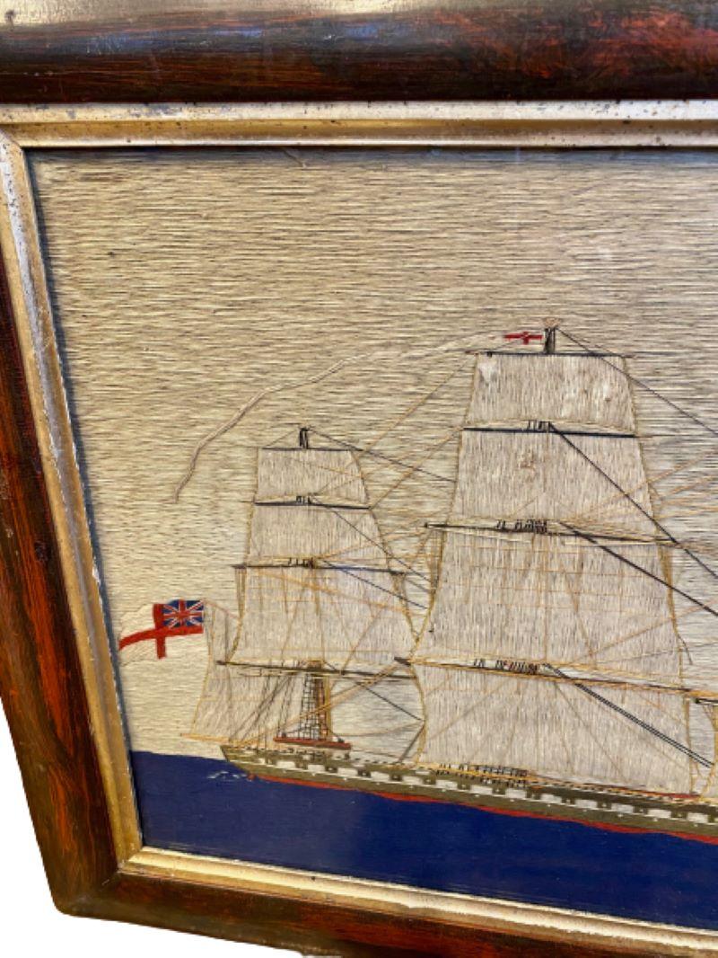 19th Century Sailor's Folk Art Woolie of a Square-Rigged Ship, circa 1850 For Sale 1