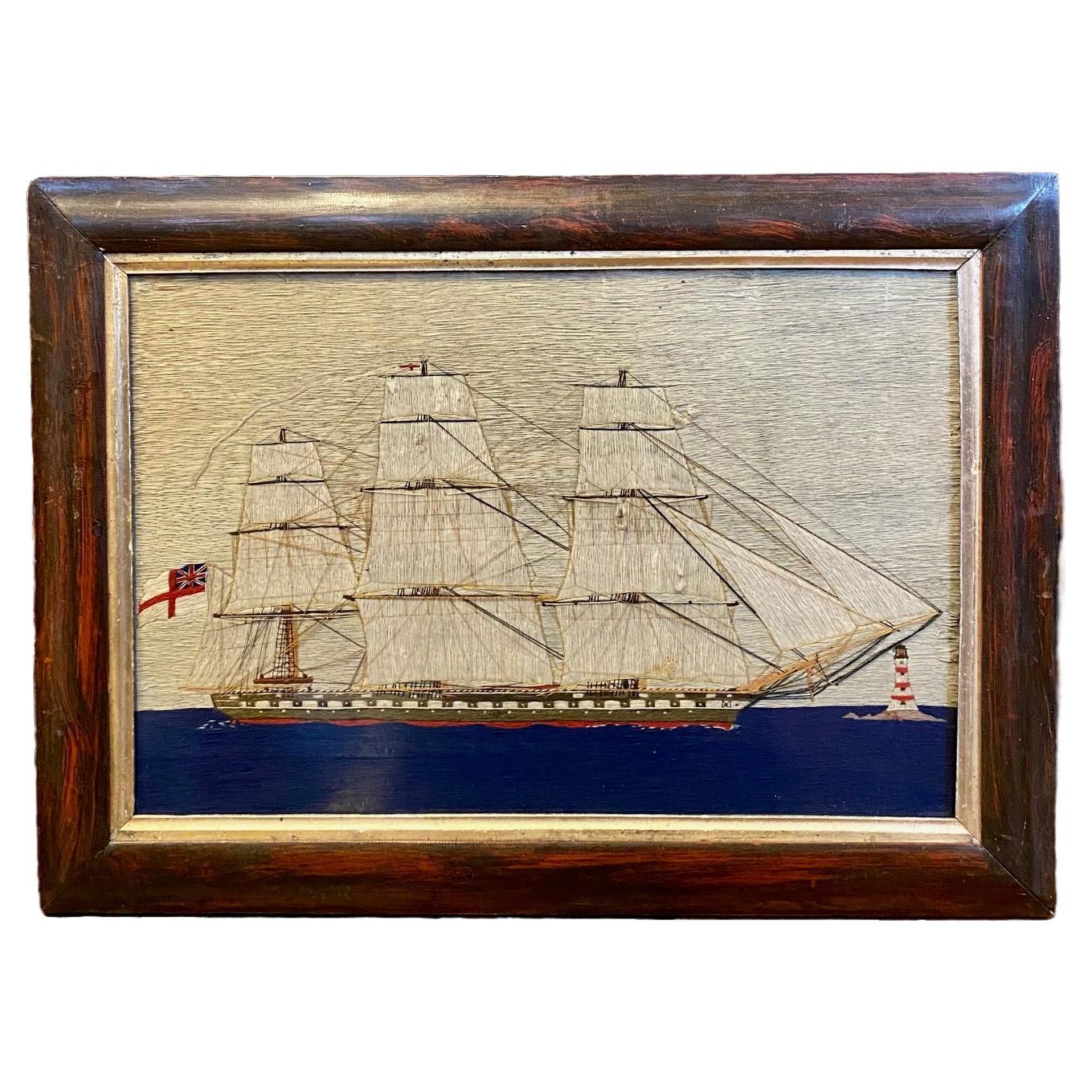 19th Century Sailor's Folk Art Woolie of a Square-Rigged Ship, circa 1850