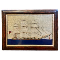 Laine d'art populaire de marin du XIXe siècle représentant un navire à gréement carré, vers 1850