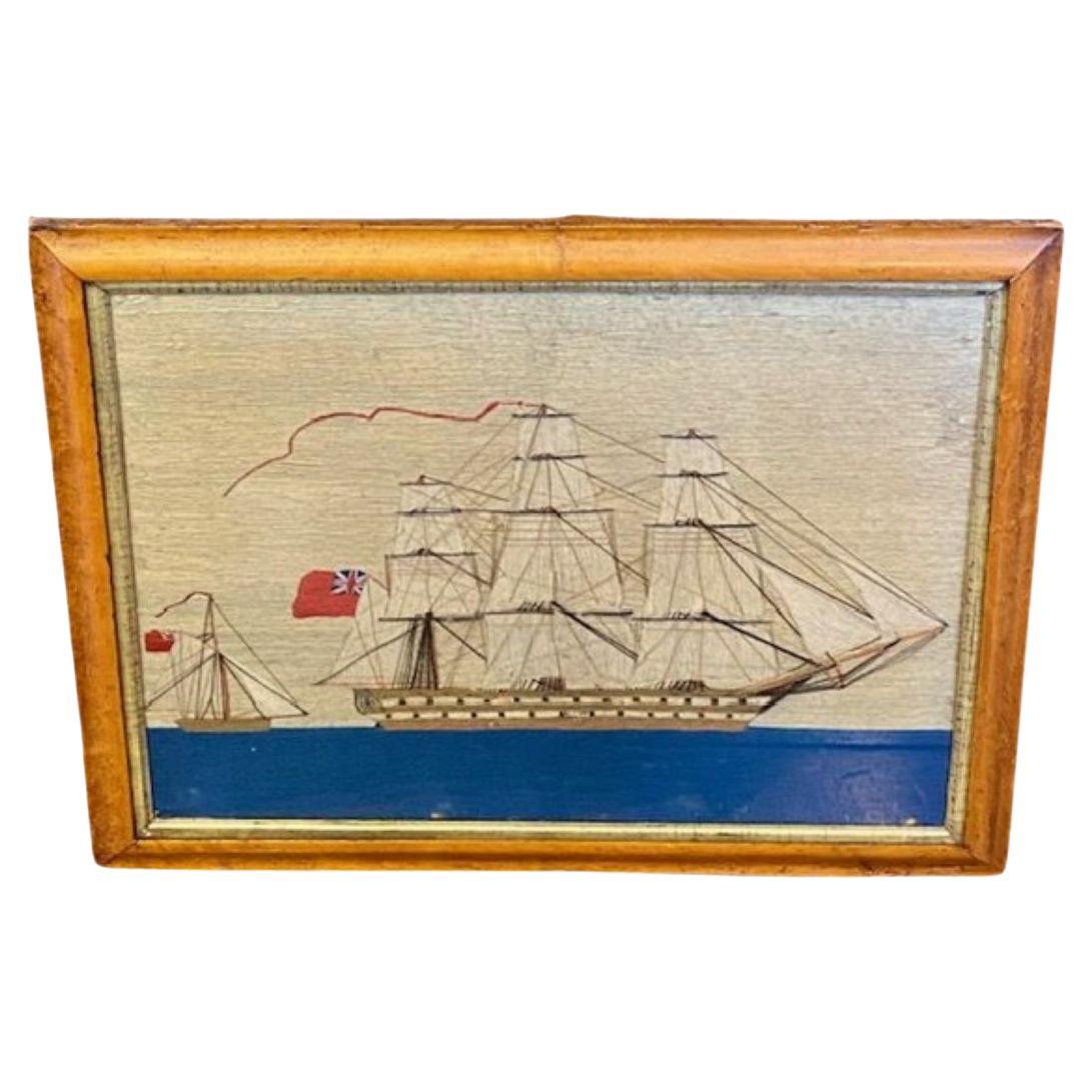 19th Century Sailor's Folk Art Woolie with Ship of the Line and Sloop, ca 1850 For Sale