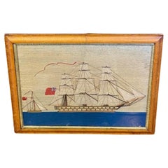 Lainière d'art populaire de marin du 19e siècle avec navire de ligne et sloop, vers 1850