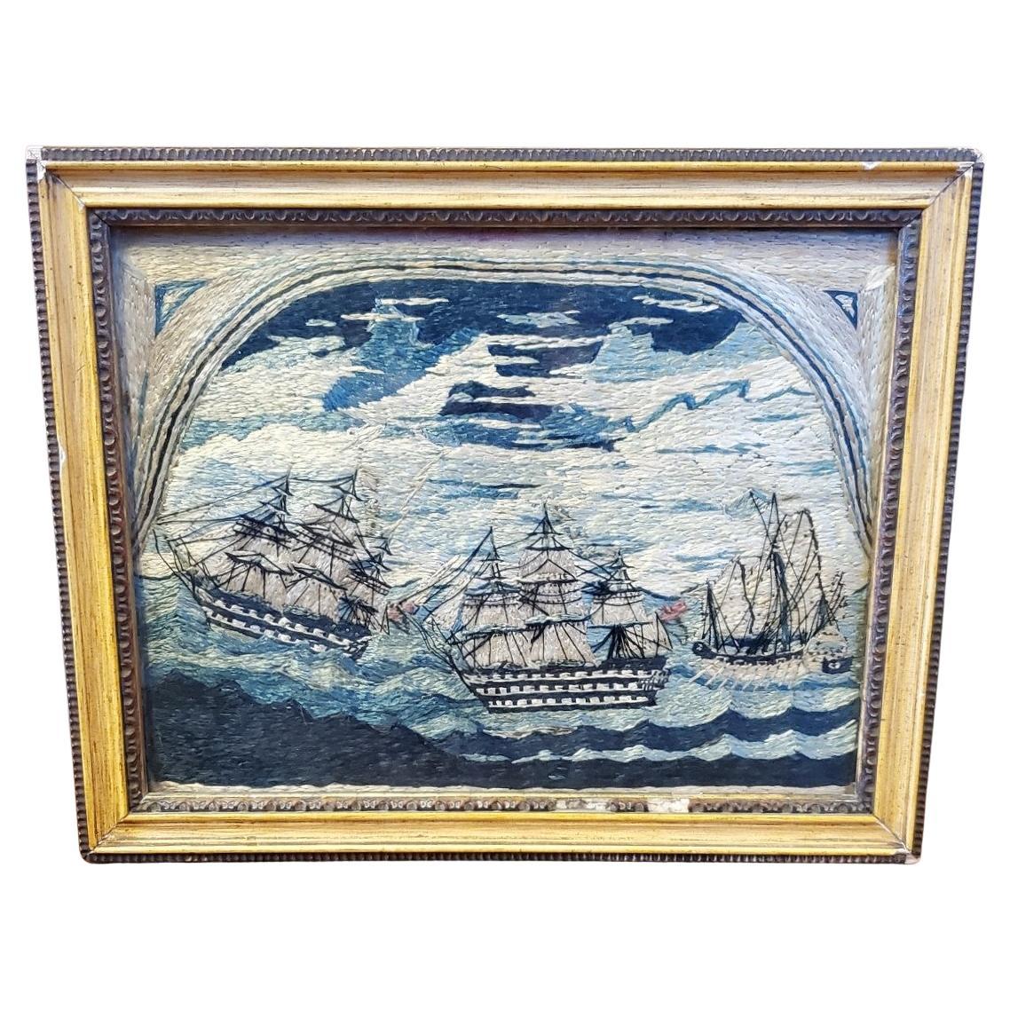 19th Century Sailor's Small Woolie of Three Naval Vessels, circa 1850