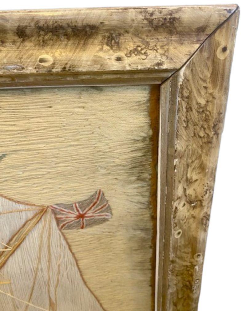 Hand-Crafted 19th Century Sailor's Woolie of a British Brigantine, signed, in Decorated Frame