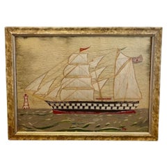 Antique 19th Century Sailor's Woolie of a British Brigantine, signed, in Decorated Frame
