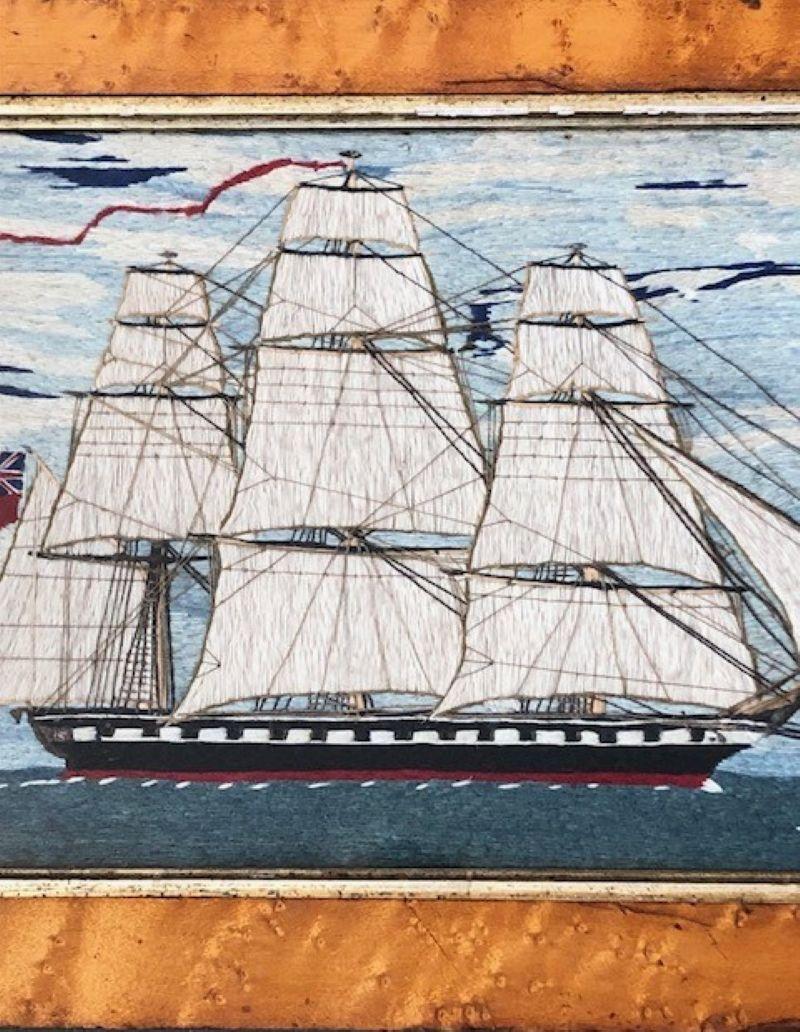 Artisanat Laine de matelot du XIXe siècle représentant une frégate britannique battant pavillon rouge, vers 1850 en vente