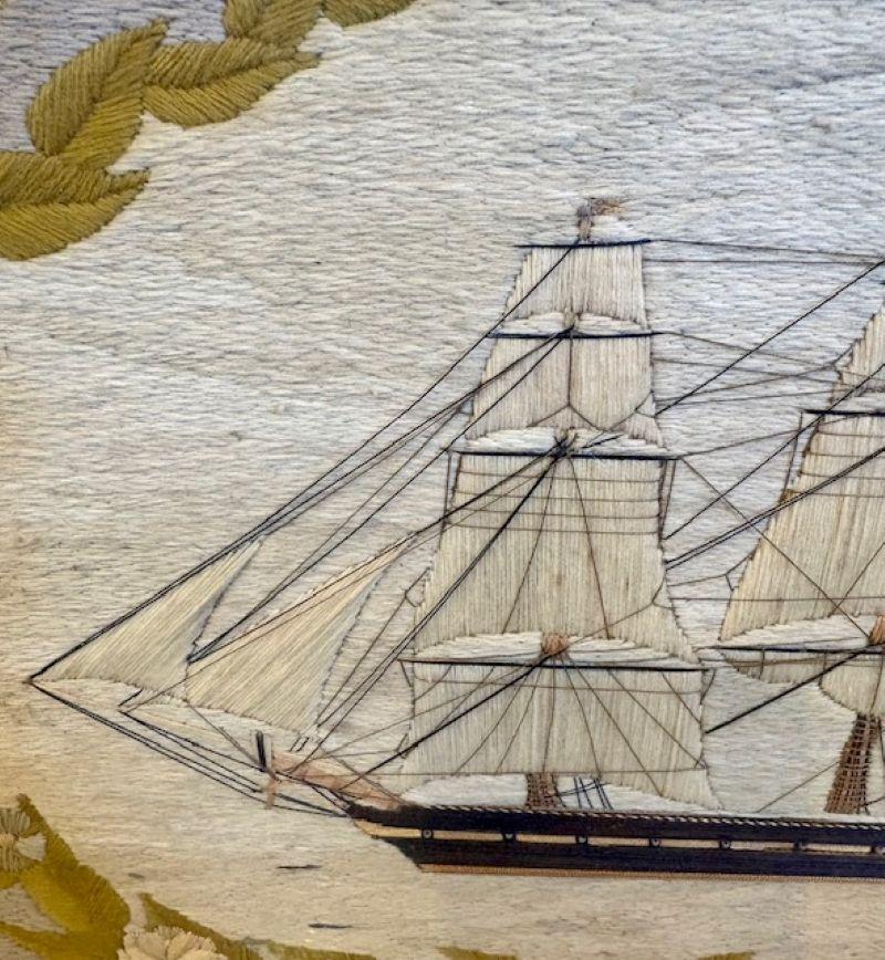 English 19th Century Sailor's Woolie of a British Frigate Within Floral Reserve For Sale