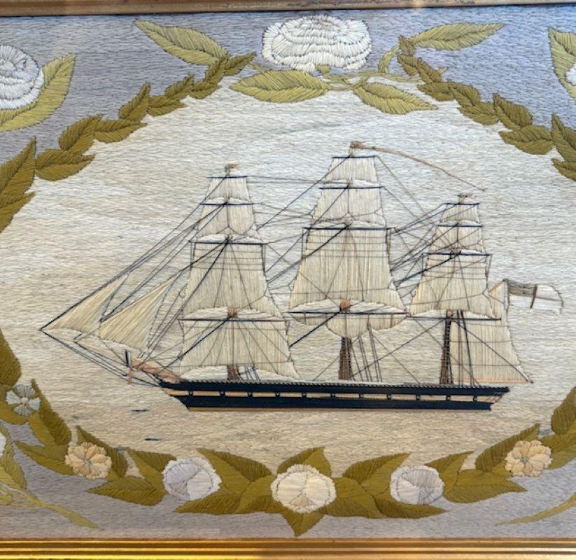 Hand-Crafted 19th Century Sailor's Woolie of a British Frigate Within Floral Reserve For Sale