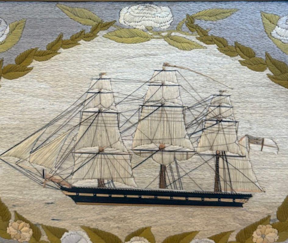 19th Century Sailor's Woolie of a British Frigate Within Floral Reserve In Good Condition For Sale In Nantucket, MA
