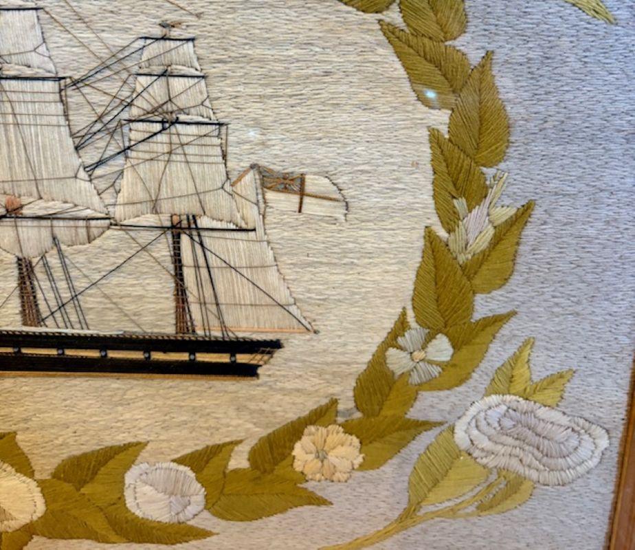 Mid-19th Century 19th Century Sailor's Woolie of a British Frigate Within Floral Reserve For Sale