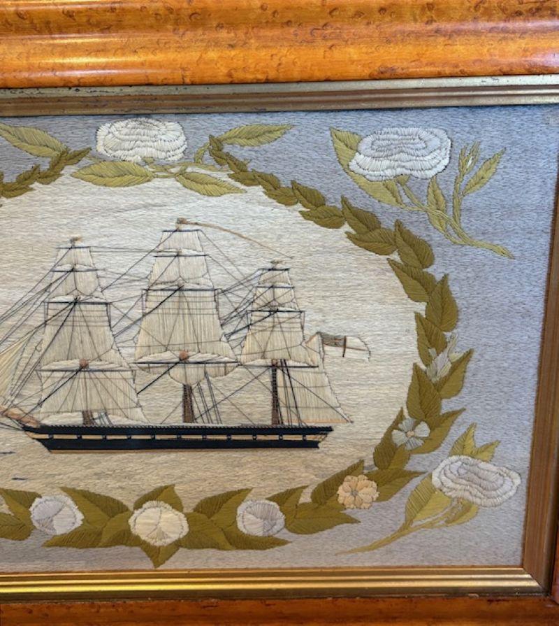 19th Century Sailor's Woolie of a British Frigate Within Floral Reserve For Sale 1