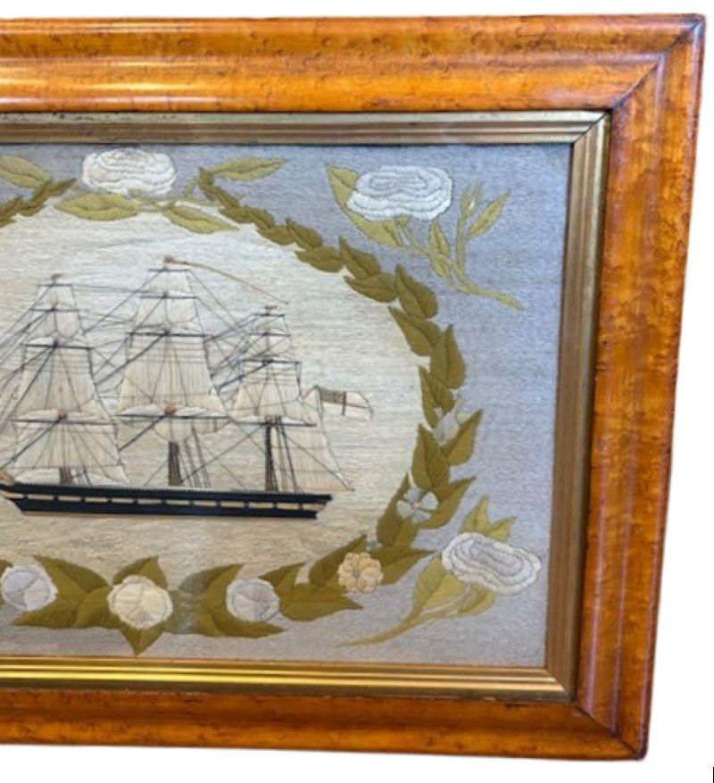 19th Century Sailor's Woolie of a British Frigate Within Floral Reserve For Sale 2