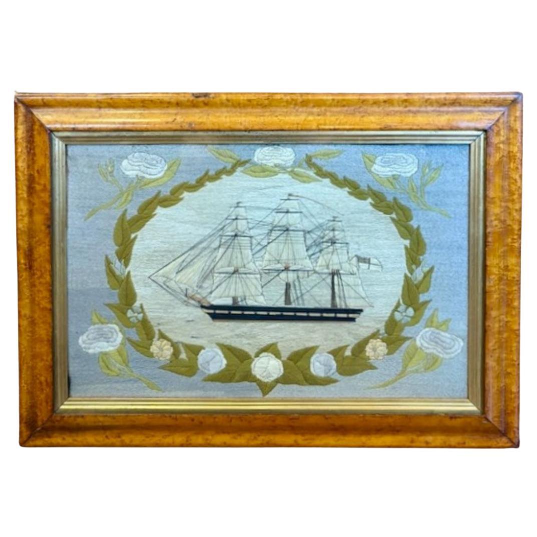 19th Century Sailor's Woolie of a British Frigate Within Floral Reserve For Sale