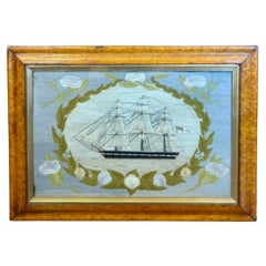 19th Century Sailor's Woolie of a British Frigate Within Floral Reserve