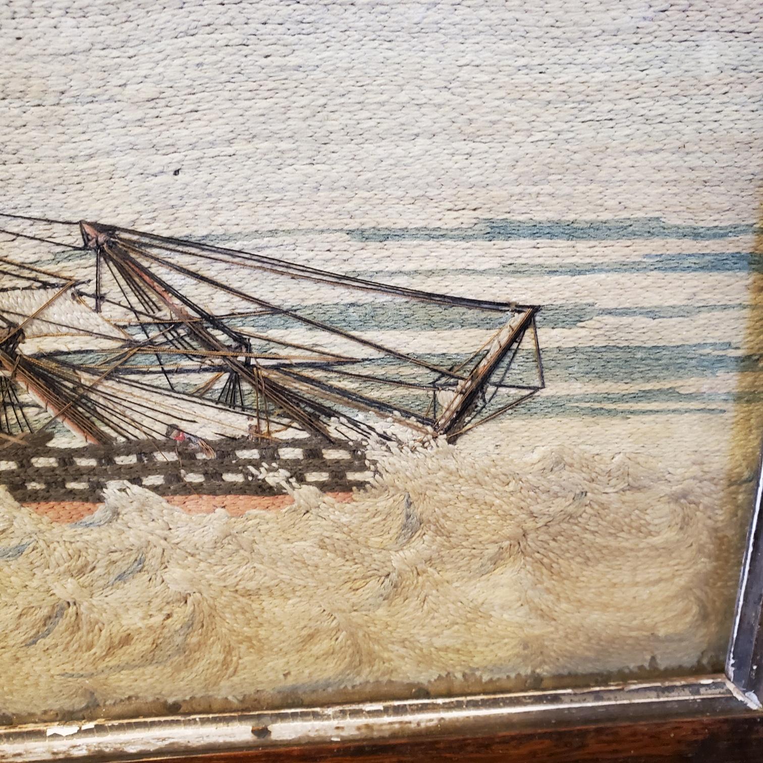 Folk Art 19th Century Sailor's Woolie of a Ship in Heavy Seas, circa 1840