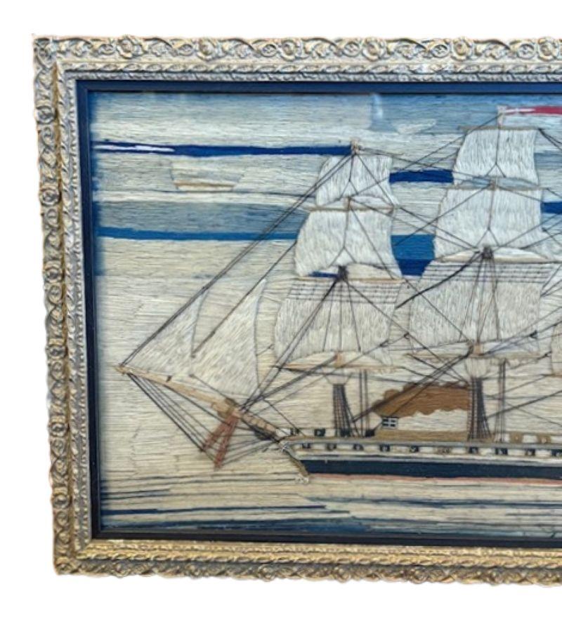 19th Century Sailor's Woolie of a Steam Frigate Under Good Head of Steam, circa 1870s, a British sailor's hand-crafted woolwork picture of an Auxiliary Steam Ship or 