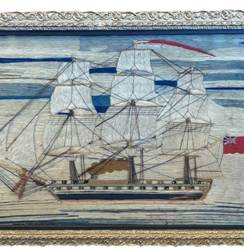 Folk Art 19th Century Sailor's Woolie of a Steam Frigate Under Good Head of Steam For Sale