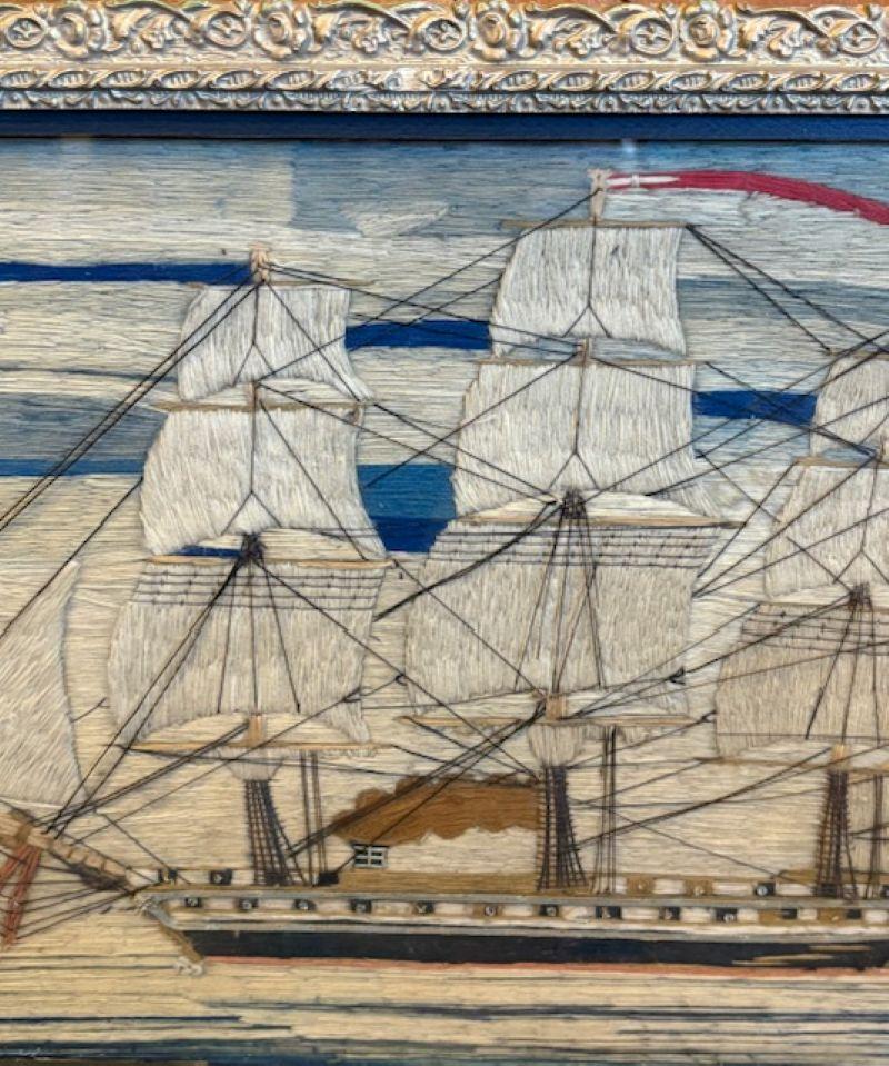 English 19th Century Sailor's Woolie of a Steam Frigate Under Good Head of Steam For Sale