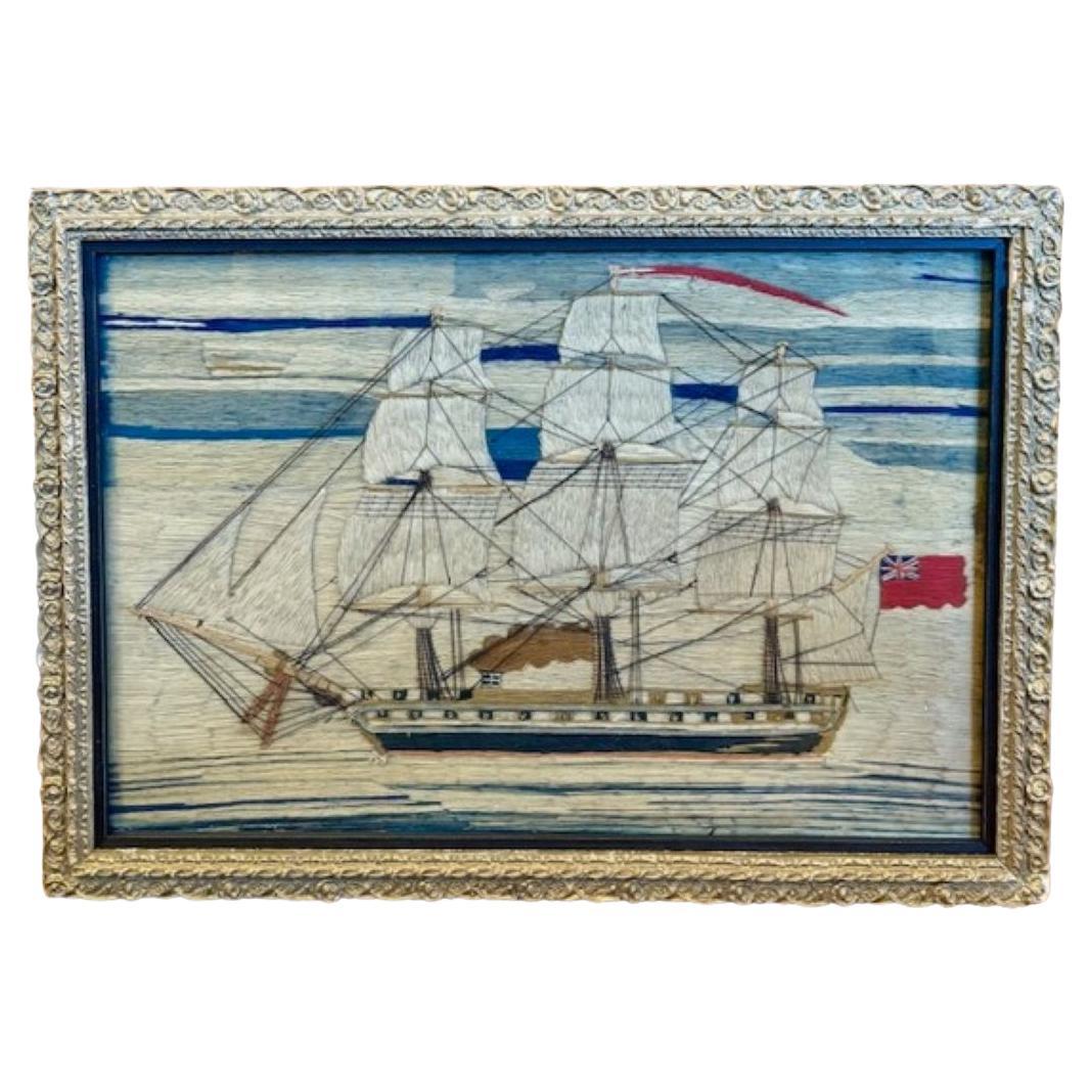 19th Century Sailor's Woolie of a Steam Frigate Under Good Head of Steam