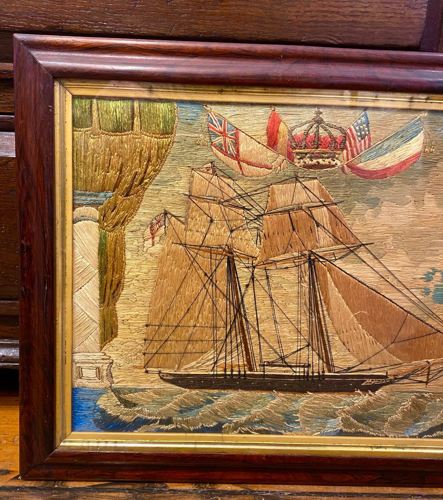19th Century Sailor's Woolie of a Topsail Schooner, circa 1860, sailing under topssails, mainsail and jibs, with furled foresail, flying the White Ensign at stern, on wild cresting ocean waves, under bright, complicated cloudy sky, set between Doric