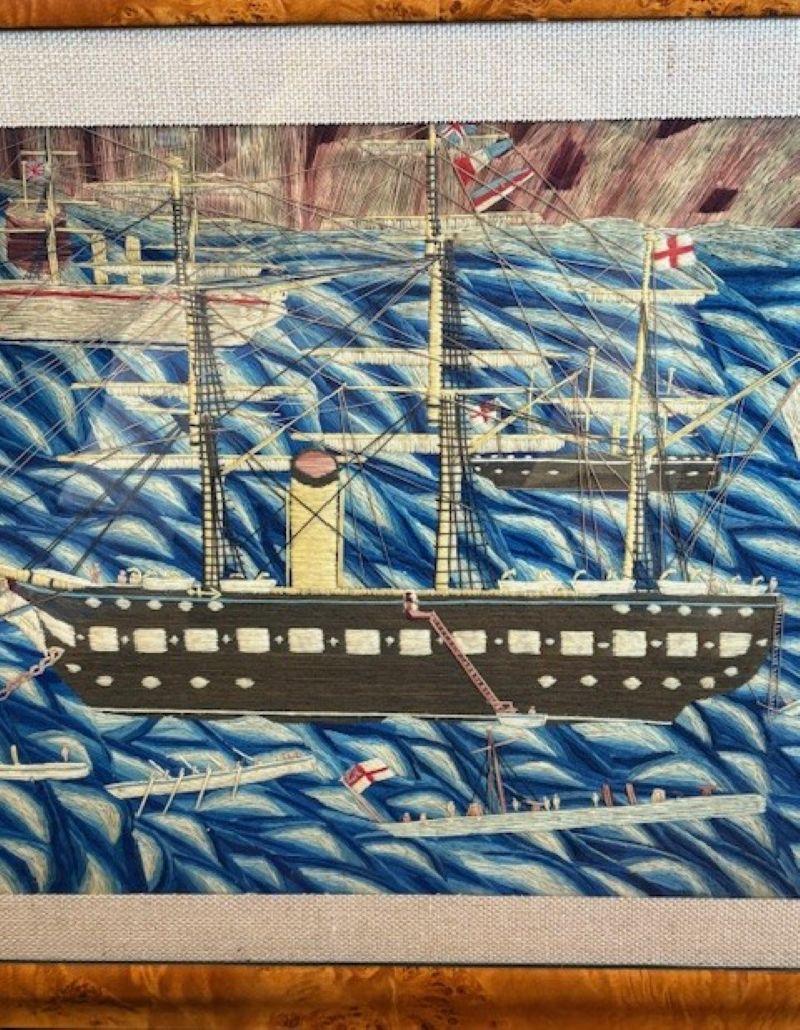 Folk Art 19th Century Sailor's Woolie of British Fleet in The Solent, circa 1870.