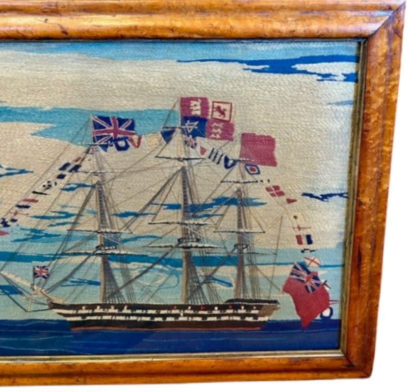 Folk Art 19th Century Sailor's Woolie of Flag Bedecked Triple Decker Ship of the Line For Sale
