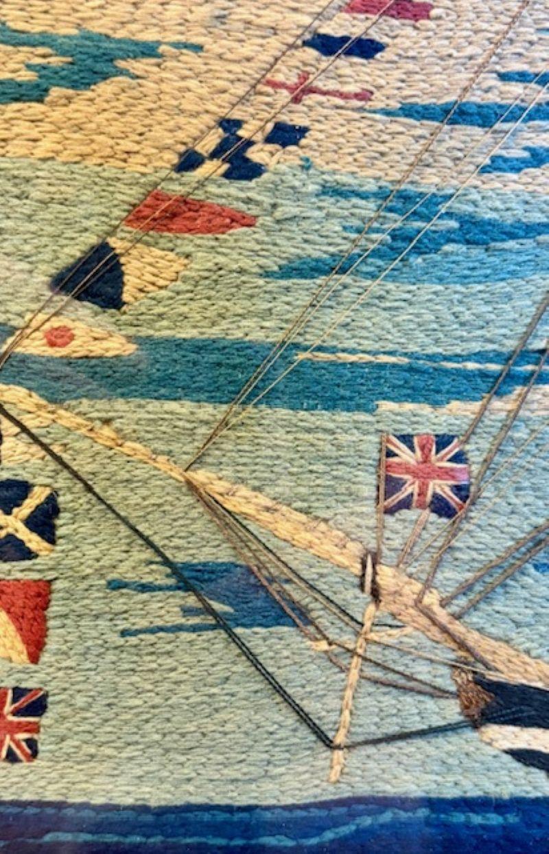 English 19th Century Sailor's Woolie of Flag Bedecked Triple Decker Ship of the Line For Sale