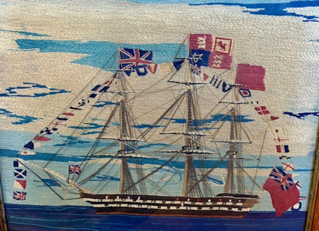 Hand-Crafted 19th Century Sailor's Woolie of Flag Bedecked Triple Decker Ship of the Line For Sale
