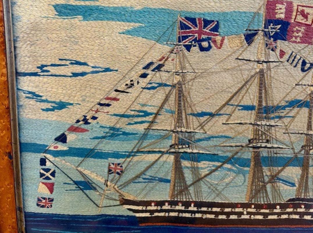 19th Century Sailor's Woolie of Flag Bedecked Triple Decker Ship of the Line In Good Condition For Sale In Nantucket, MA