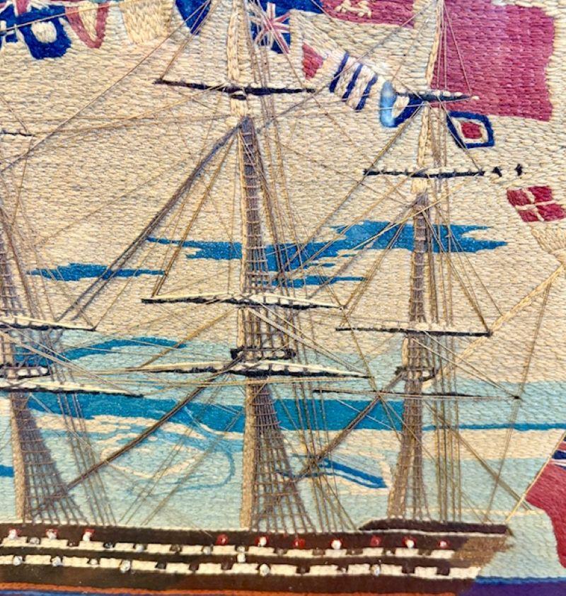 Mid-19th Century 19th Century Sailor's Woolie of Flag Bedecked Triple Decker Ship of the Line For Sale