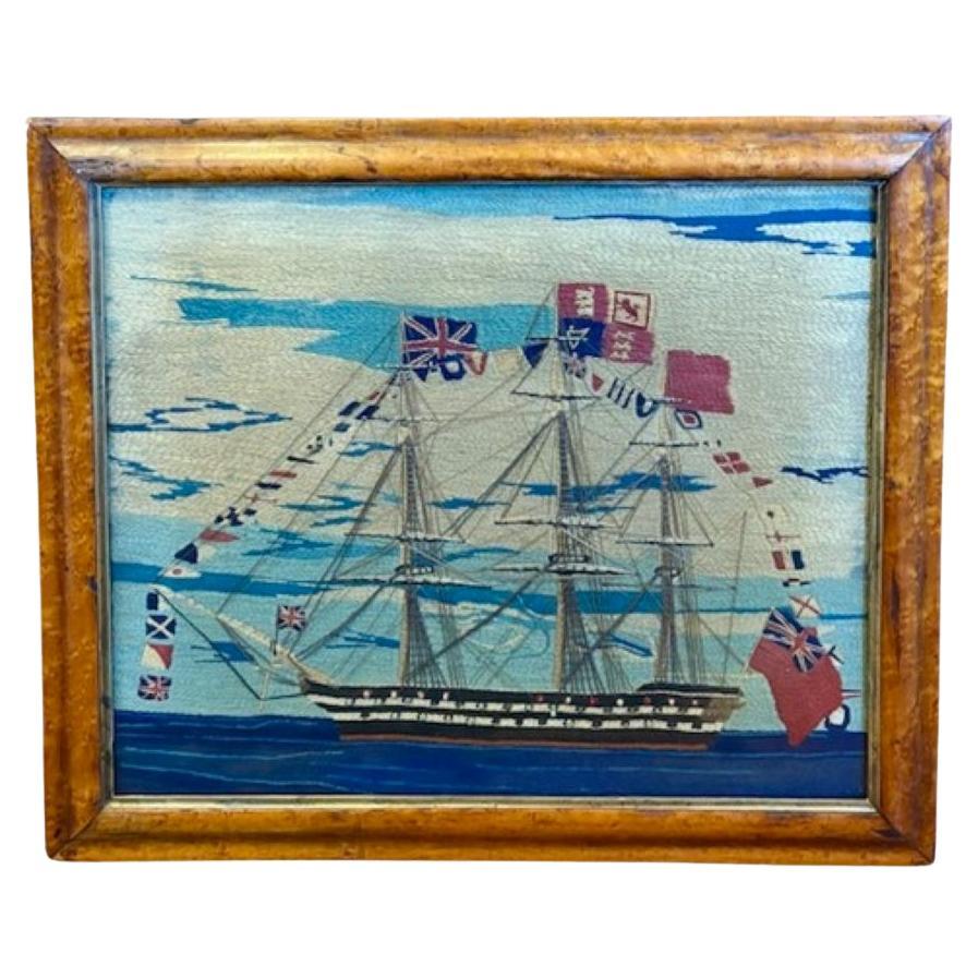 19th Century Sailor's Woolie of Flag Bedecked Triple Decker Ship of the Line For Sale