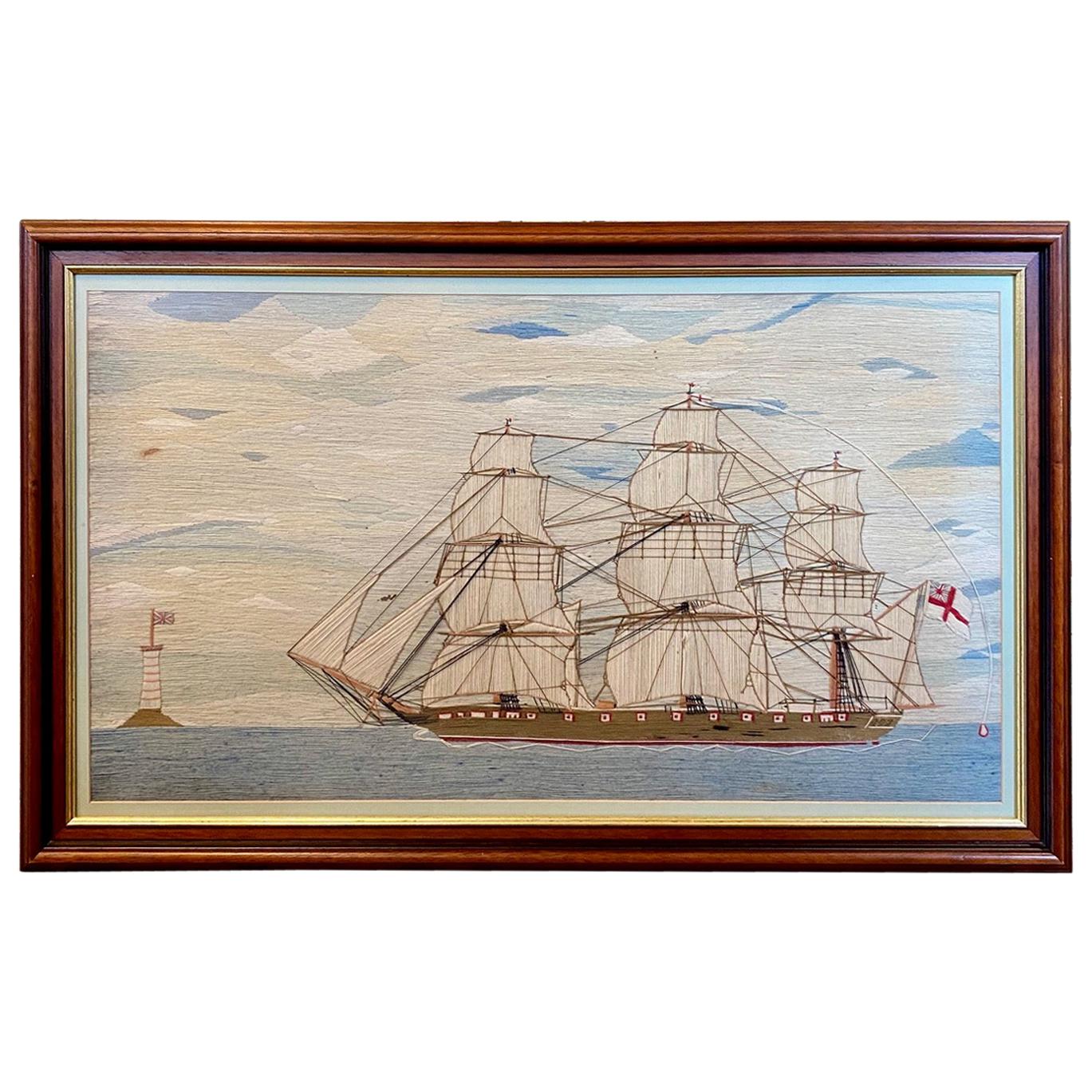Large 19th Century Sailor's Woolie of Ship and Lighthouse, circa 1870