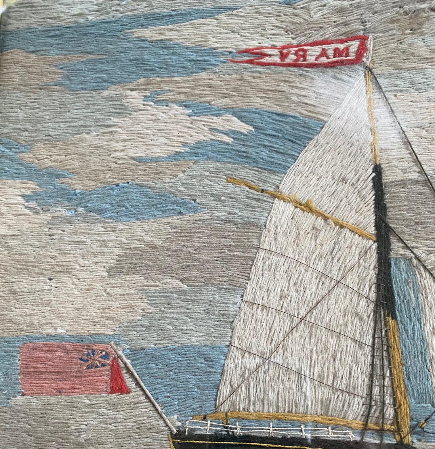 19th century sailor's Woolie of a British Auxiliary Schooner, circa 1850s. A sailor's woolwork image of a fully rigged two masted schooner with auxiliary smokestack amidship, on a port tack approaching a headland. The schooner has the MARY prominent
