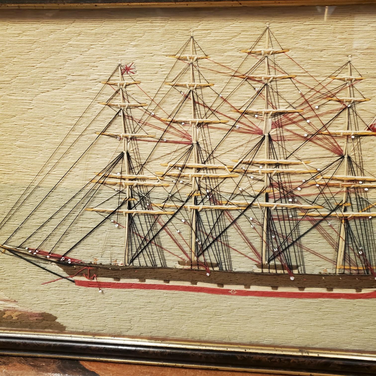 Folk Art 19th Century Sailor's Woolie Port-Side View of a Four Masted Ship at Anchor