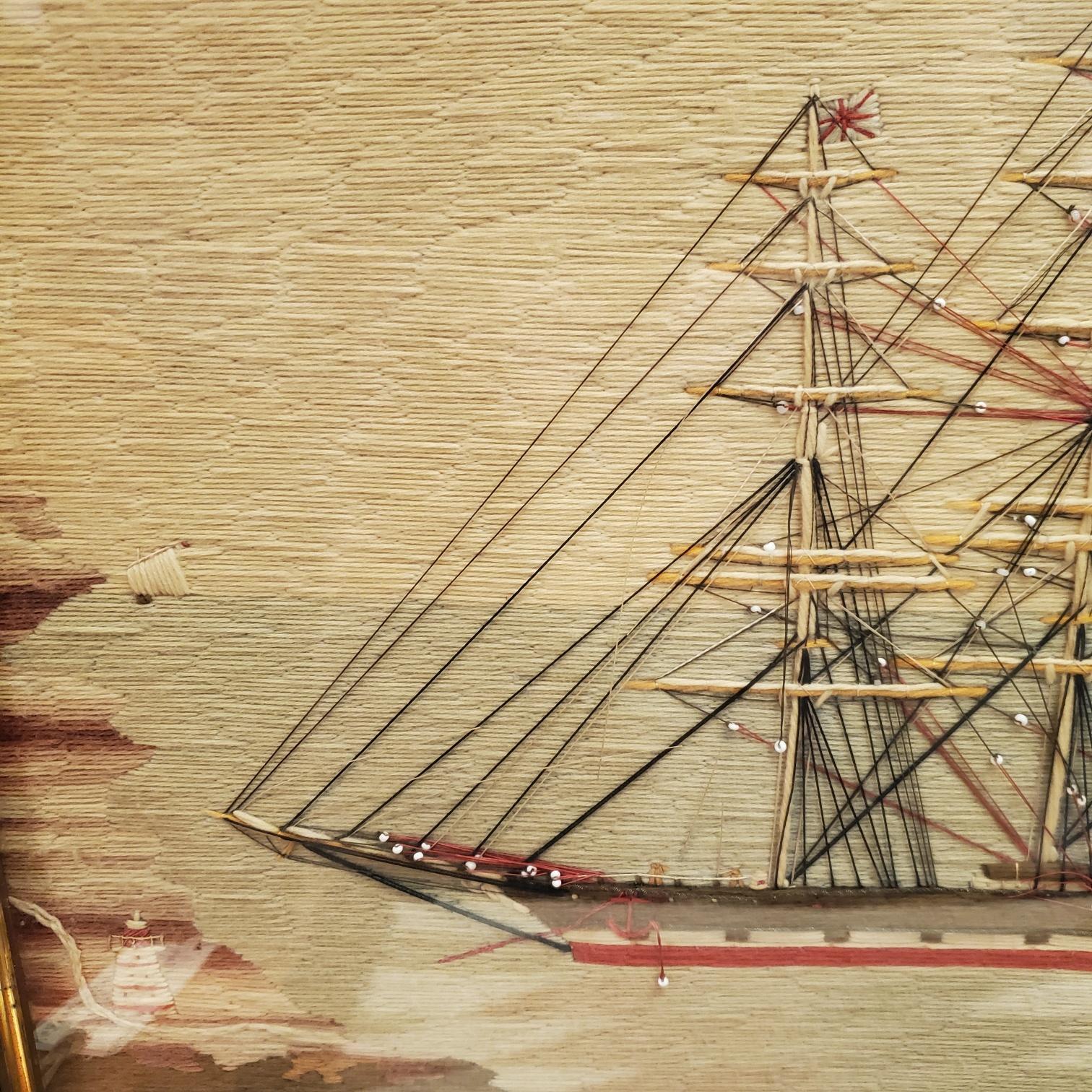 English 19th Century Sailor's Woolie Port-Side View of a Four Masted Ship at Anchor