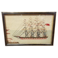 Antique 19th Century Sailor's Woolie Port-Side View of a Four Masted Ship at Anchor