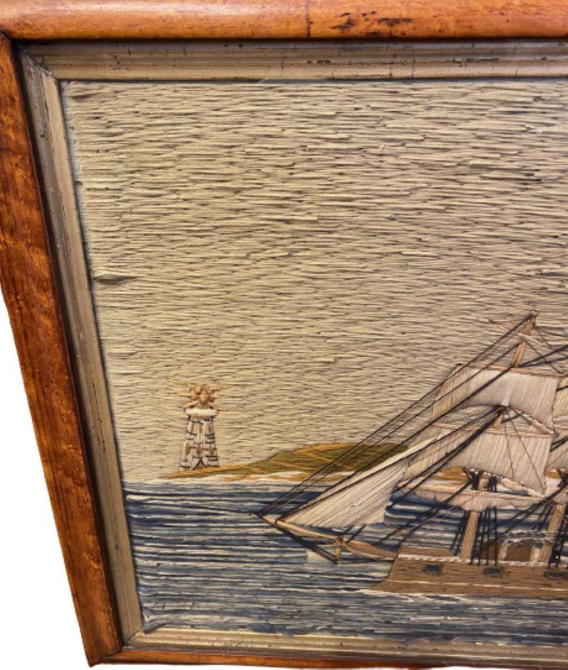 19th Century Sailor's Folk Art Woolie with an Auxiliary Ship and Schooner, circa 1880, a sailor's folk art hand stitched wool yarn picture of a British Ship-Rigged Steam Sailor with inverted bow and two smoke stacks likely for a double screw (so a