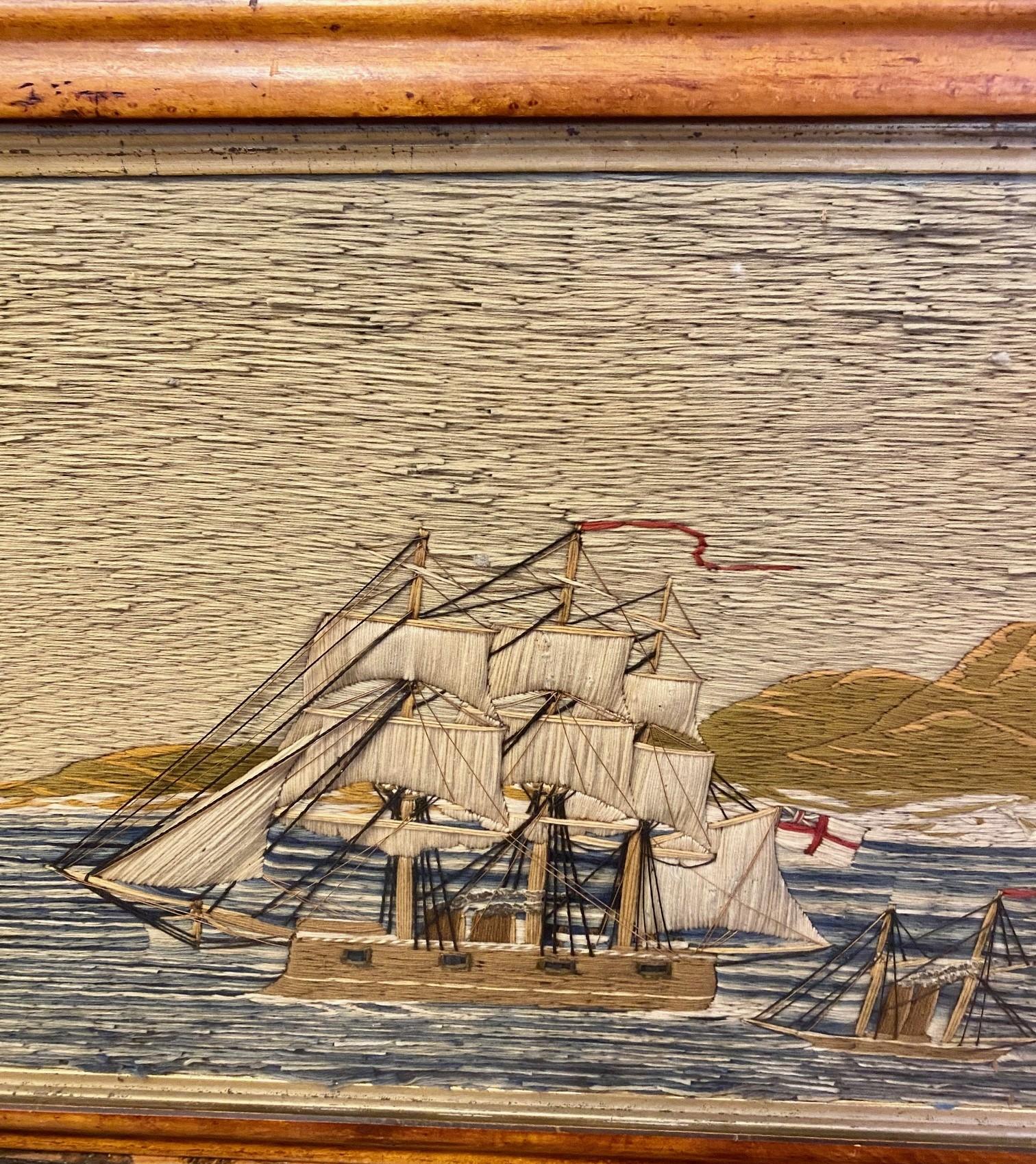 Folk Art 19th Century Sailor's Woolie with an Auxiliary Ship and Schooner, circa 1880 For Sale