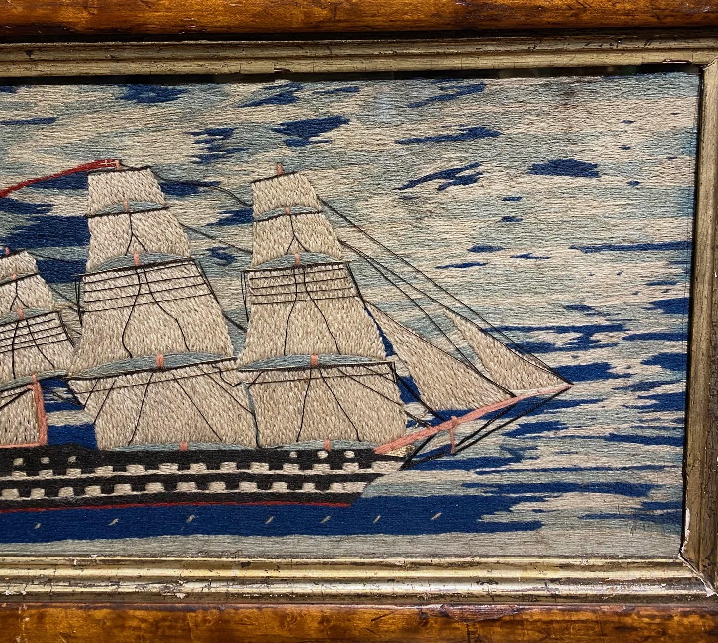 Folk Art 19th Century Sailor's Woolie with Double Decker Ship of the Line