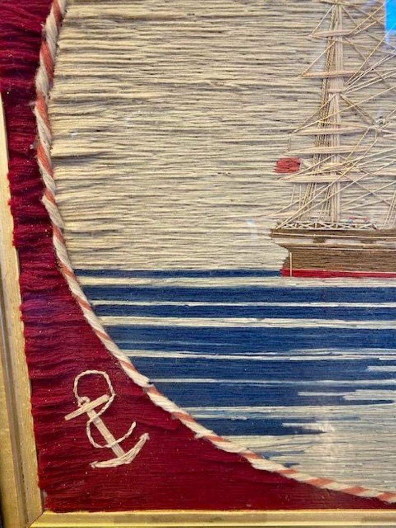 Folk Art 19th Century Sailor's Woolie with Ship at Anchor Within Oval Cartouche, ca 1850 For Sale