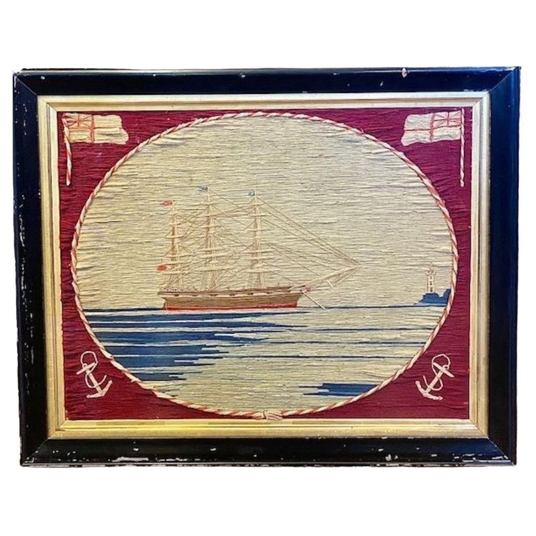 Lana de marinero del siglo XIX con barco anclado dentro de cartela ovalada, ca. 1850
