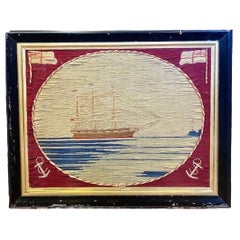 19th Century Sailor's Woolie with Ship at Anchor Within Oval Cartouche, ca 1850